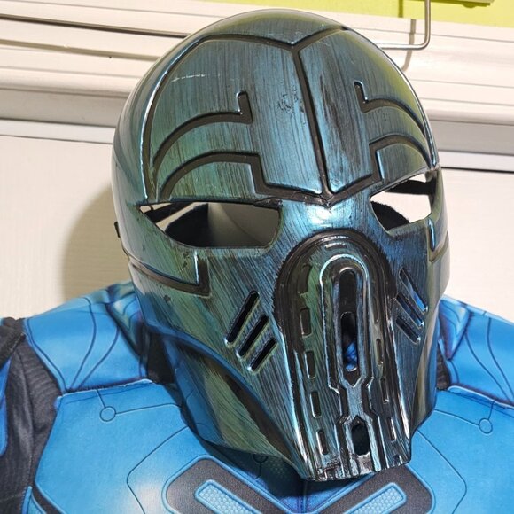 Blue Beetle Muscle Costume Jumpsuit with Generic Warrior Mask Superhero Boys LG - Picture 2 of 9